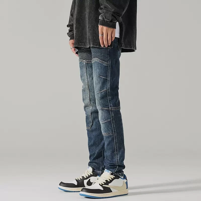 Streetwear Fashion Men Jeans Retro Blue Stretch Elastic Slim Fit Spliced Biker Jeans Men Patched Designer Hip Hop Pants Hombre
