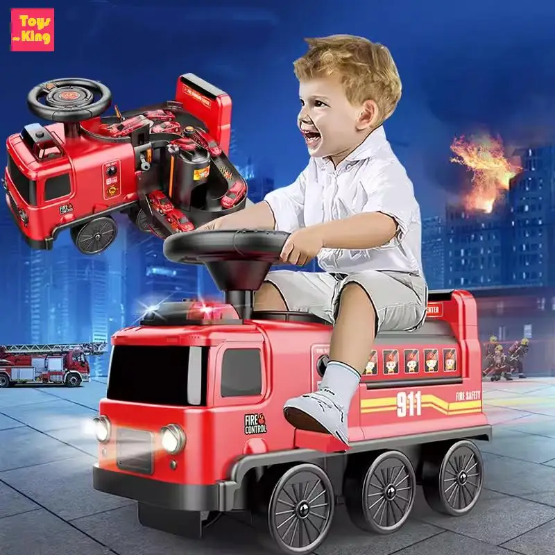 2 IN 1 Electric Slide Driving Car Fire Truck Police Space Kids Toys Seatable Track Parking Stroller Education Walkers Boys Gift