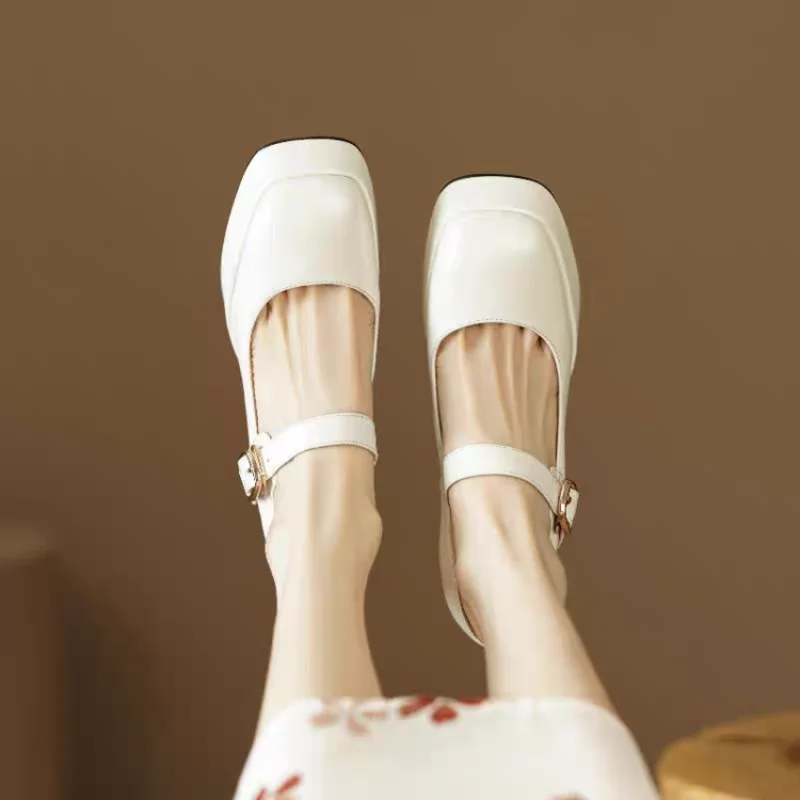 2024 New Spring Fashion Simplicity Heels Waterproof Genuine Leather Square Toe Pumps Sexy Buckle New Chunky Heels Fashion Casual