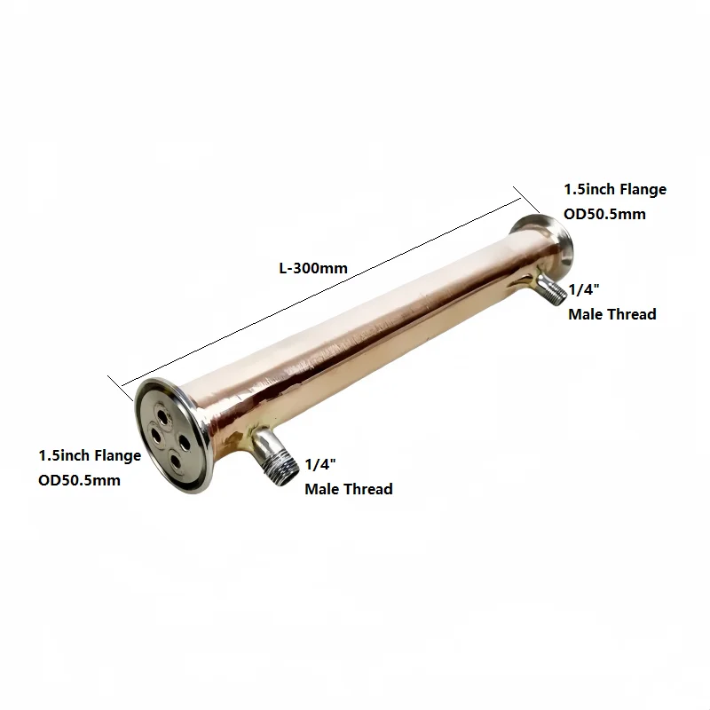 1.5"(38mm) OD50.5mm,TC Copper Condenser,L-300mm,4 Pipes Inside, 1/4" Male Or Female Thread,Reflux,Dephlegmator For Distillation