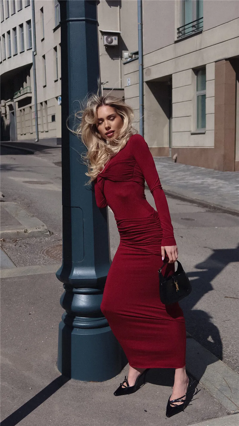 Long Sleeve Knit Dress For Women Fashion O Neck Strapless Bodycon Maxi Dress Ladies Knitted Pullover Sweater Dress