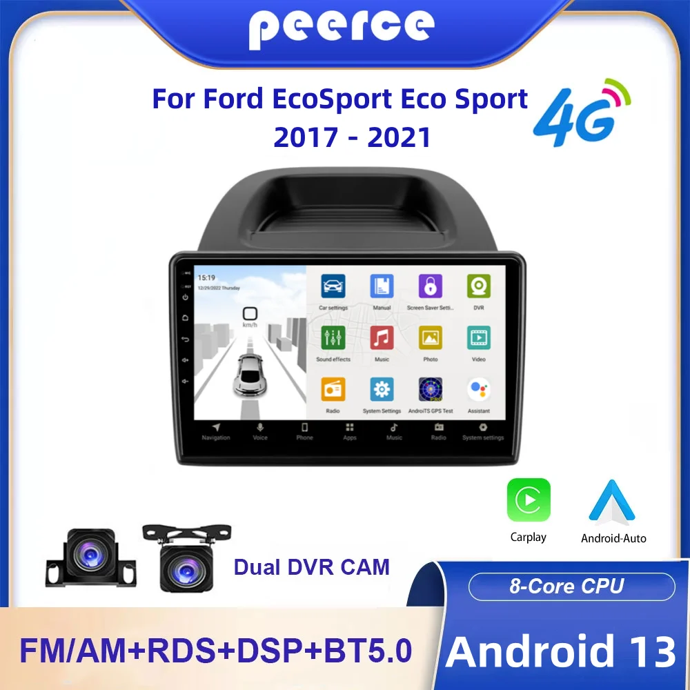 Auto Radio 2 Din Android for Ford EcoSport Eco Sport 2017-2021 Centra  Multimedia System Stereo Head Unit Carplay 4G 32GB QLED 2K