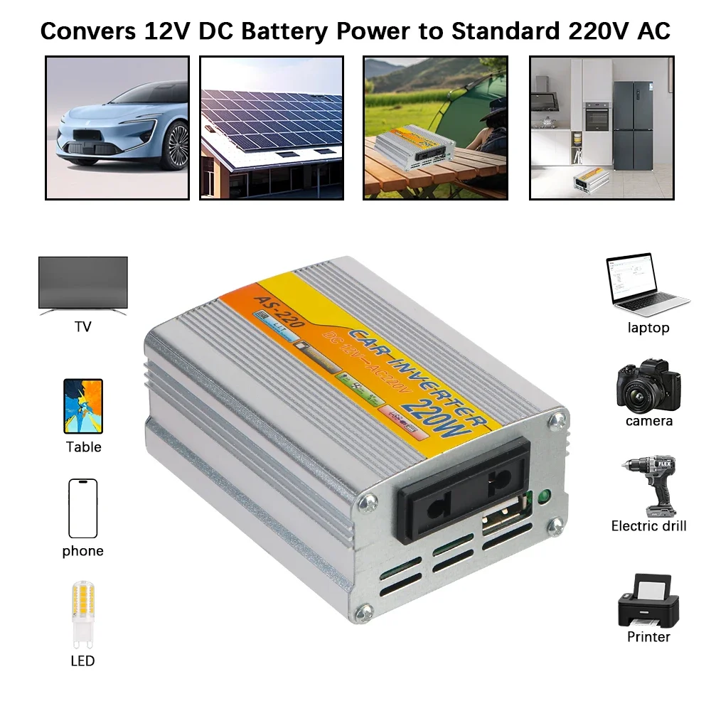 220W Power Inverter Car Mounted Solar Inverter USB Voltage Transformer Portable DC 12V To AC 220V Conversion USB Battery Clip
