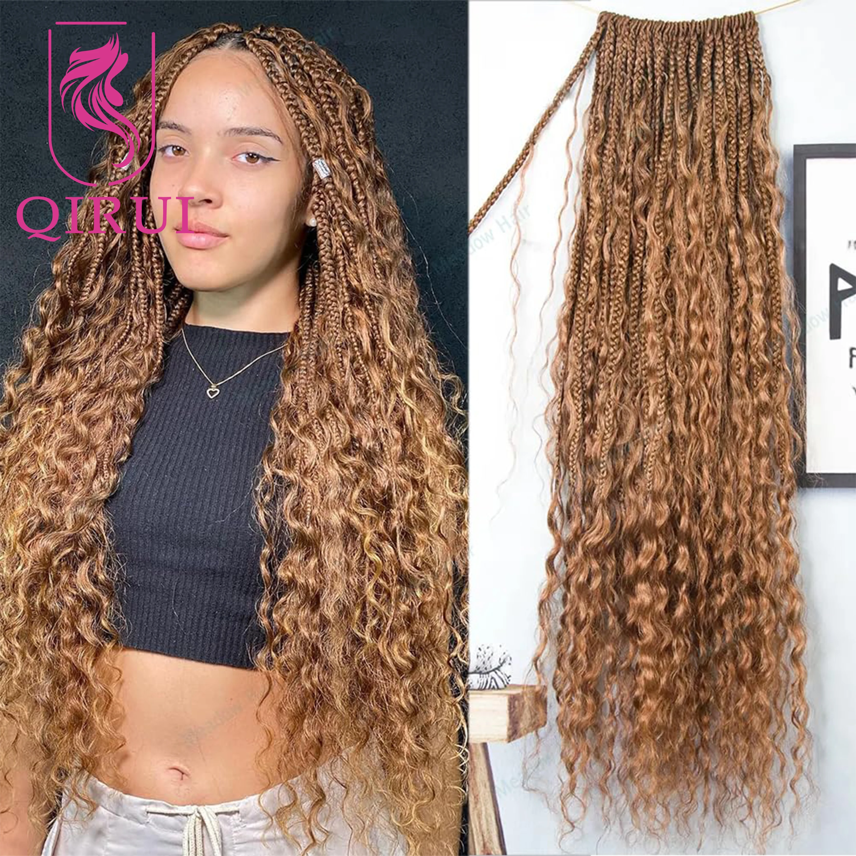 Boho Box Braids Crochet Human Hair With Curly Ends Color 27 /30 24inch Pre Looped Crochet Braids With Human Hair Curls
