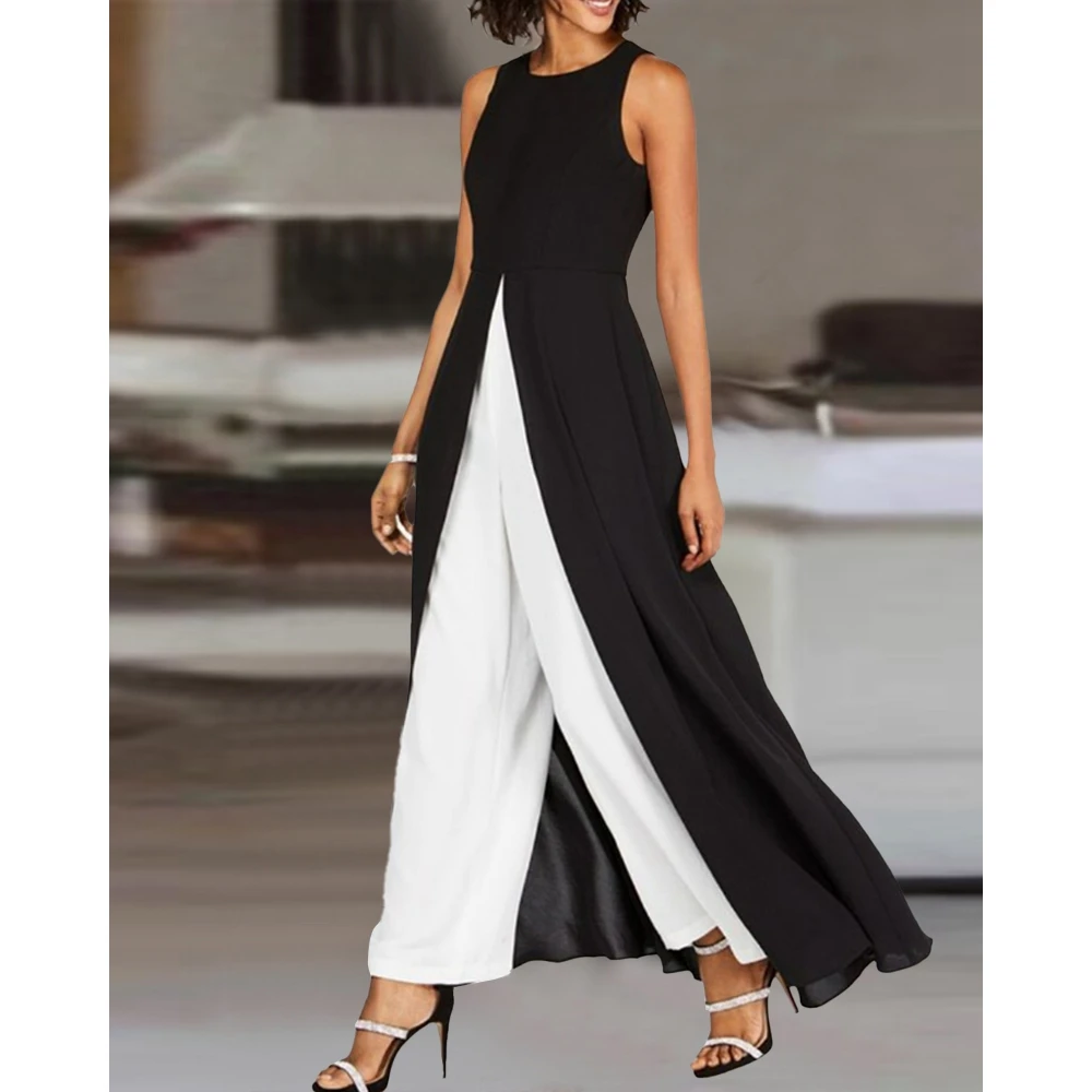 Women Colorblock Patchwork Asymmetrical Ruched Jumpsuit Casual Fashion Femme Elegant Lady Black Sleeveless Jumpsuit Streetwear