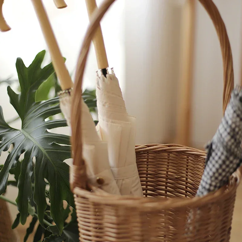 Creative Rattan Umbrella Storage Basket With Handle Japanese Style Home Decor Wicker Weaving Storage Basket Sundries Organizer
