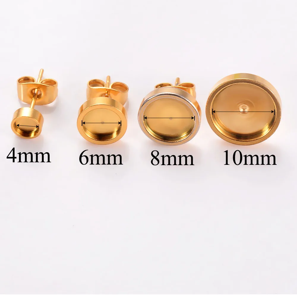 30 teile/los Edelstahl 4/6/8/10mm Flache Stud Ohrring Einstellung Blank Ohrring Basis Harz cabochon Tablett für DIY Schmuck Machen – Detail 2
