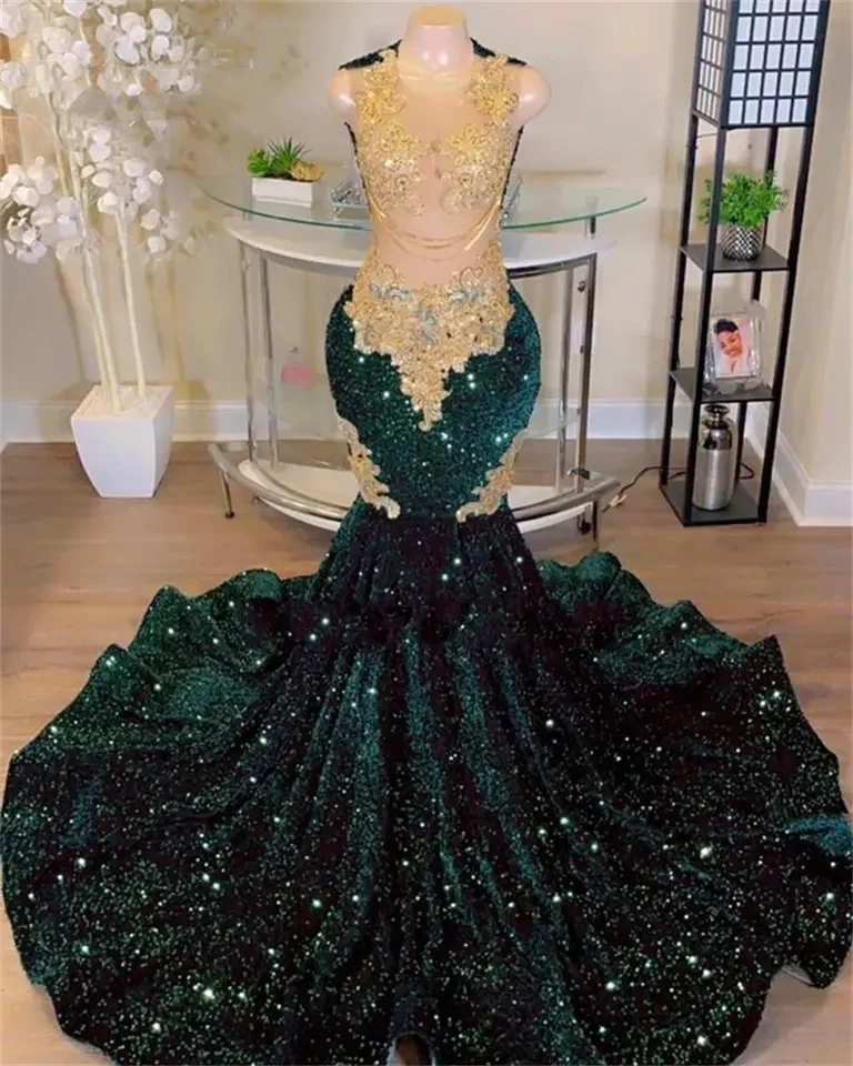 

Dark Green Velvet Sequin Sparkly Prom Dress Black Girls 2024 Luxury Mermaid Golden Lace Appliques Bead Evening Party Gala Gown