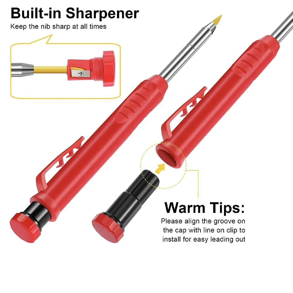 Solid Carpenter Pencil With Refill Lead And Built-in Sharpener For Deep Hole Mechanical Pencil Scribing Marking Woodworking Tool 4
