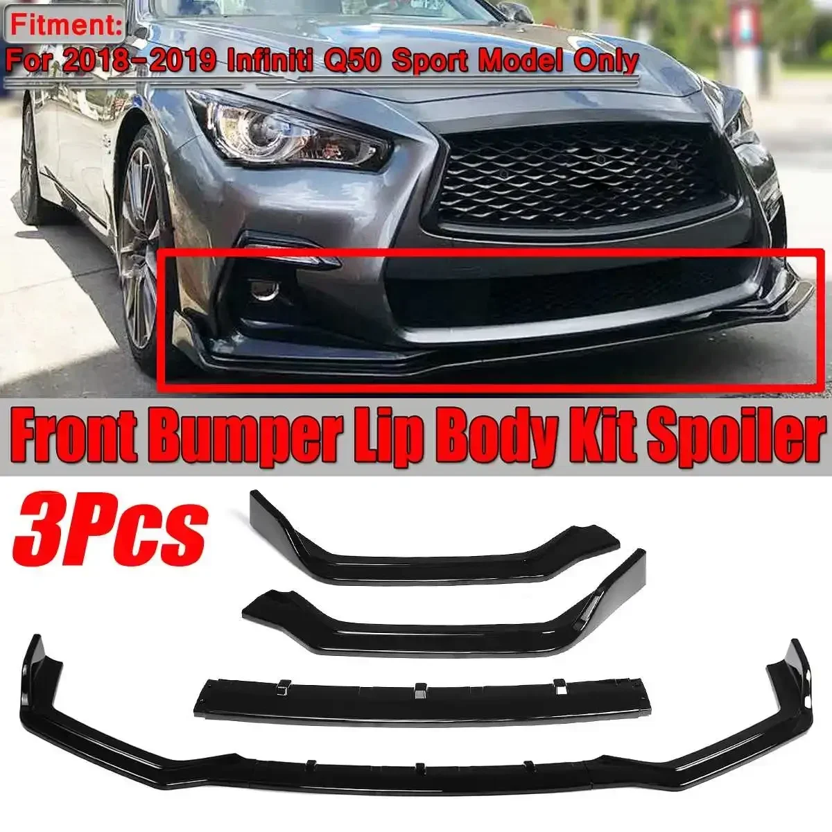 

High Quality 3pcs Car Front Bumper Splitter Lip Diffuser Spoiler Protector Cover Guard For Infiniti Q50 Sport 2018 2019 Body Kit