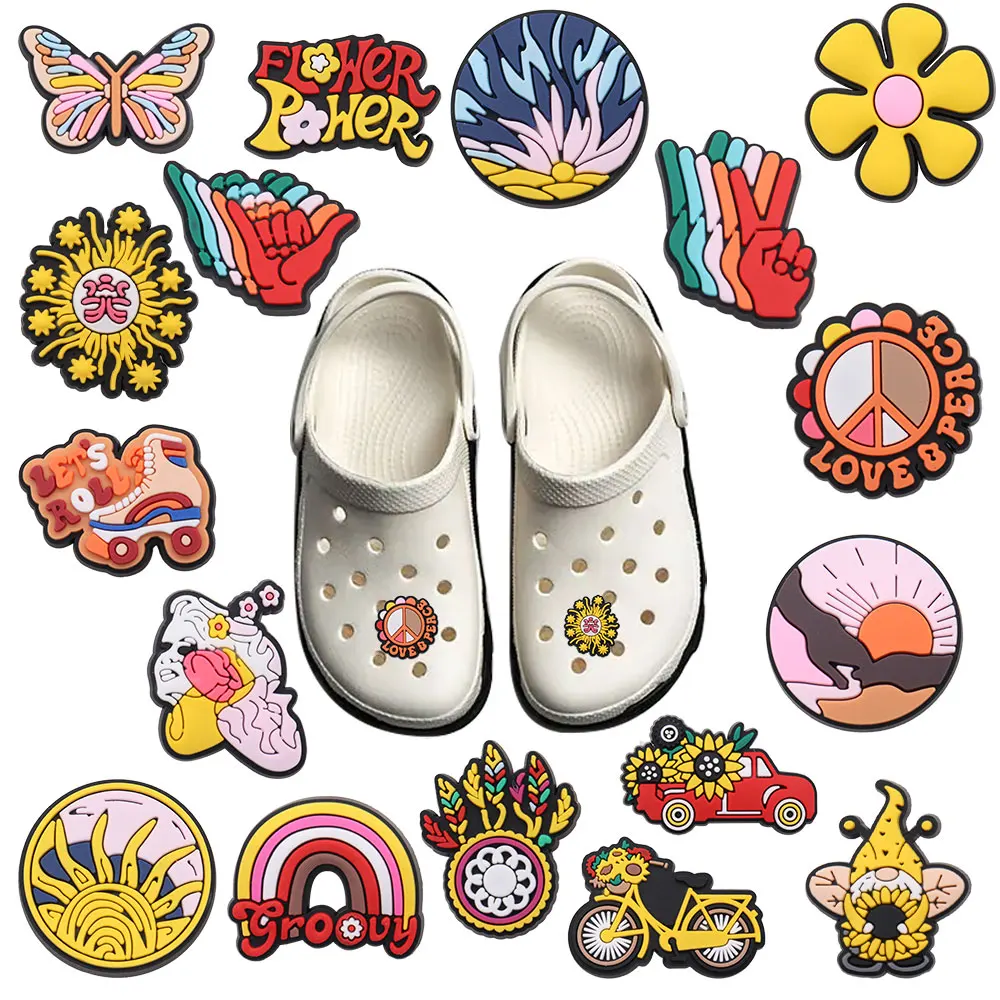 

Hot Sale 1-17pcs Shoe Charms Sunflower Sun Butterfly Rainbow PVC Garden Shoe Buckles Decoration Fit Croc Jibz Kids X-max Gift