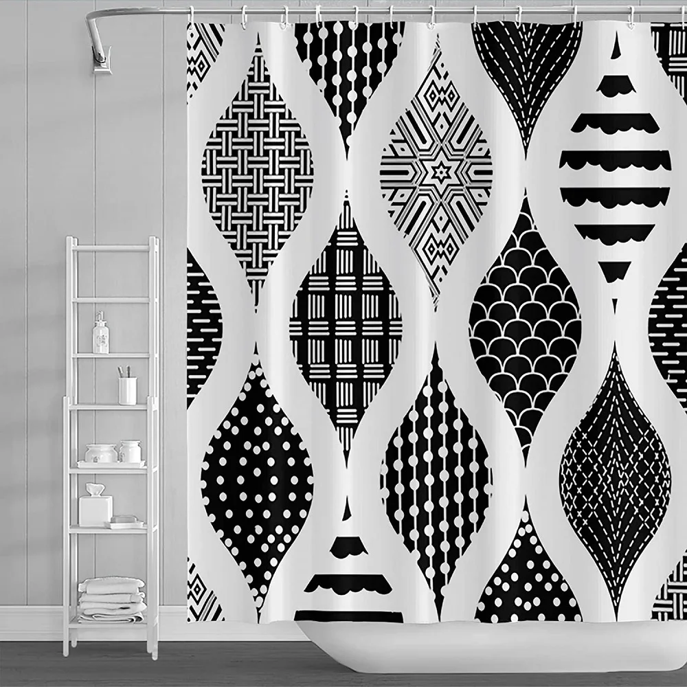 

Черно-белая занавеска для душа с разными узорами в виде спирали в современном богемном стиле, тканевая занавеска для ванной с крючками, экра...