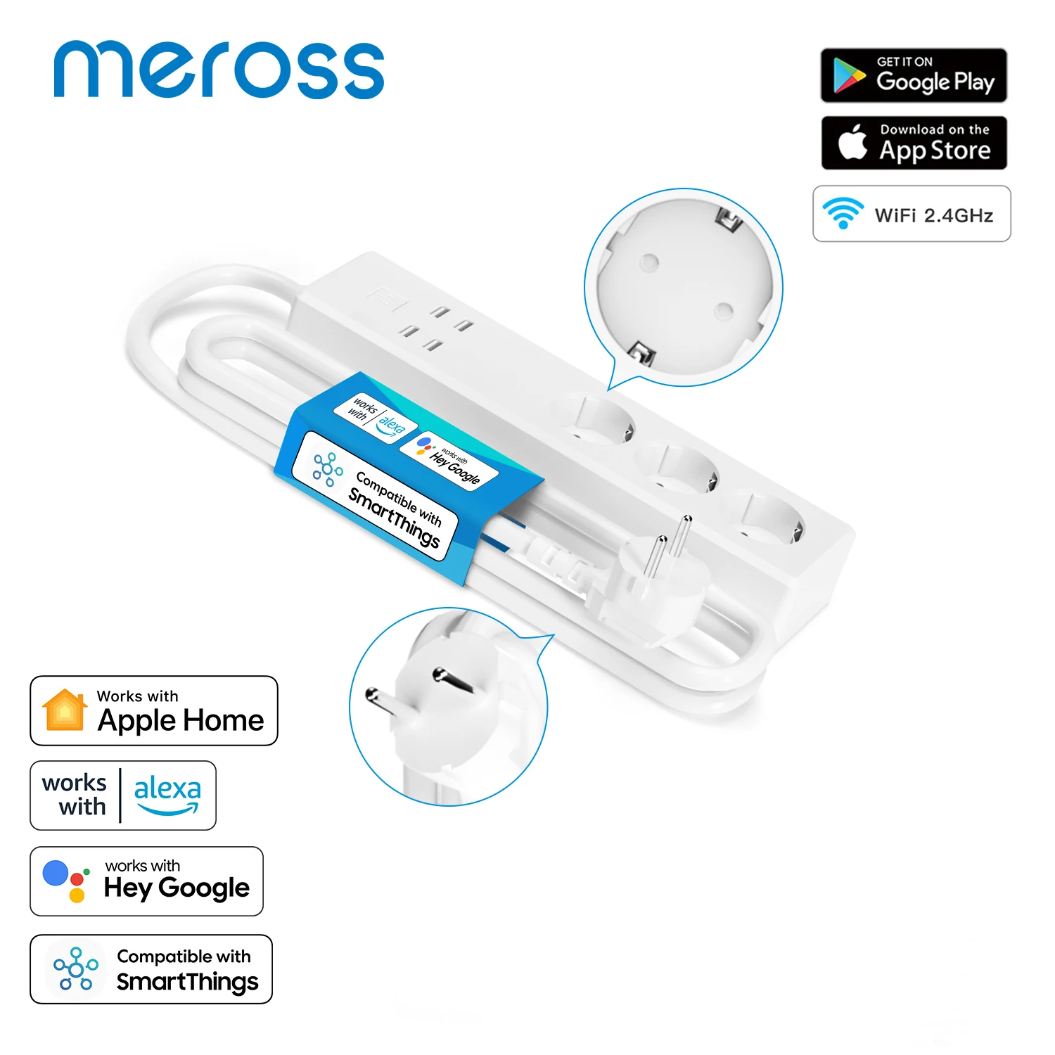 Meross-Tira de Alimentación inteligente HomeKit, Protector contra sobretensiones WiFi, enchufe de la UE/Reino Unido, compatible con Siri, Alexa, asistente de Google, SmartThings