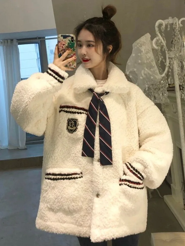 

Deeptown 2023 Autumn Winter Warm Lamb Down Hoodie Women Korean Style Kpop Oversize School Student Loose Coats Top