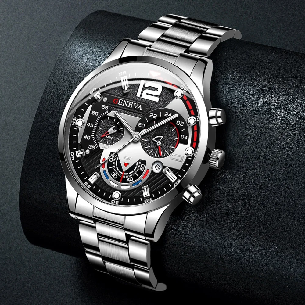 4pcs/set Fashion Men's Watch Set Business Calendar Quartz Watch with Bracelet Necklace Ring Set 3