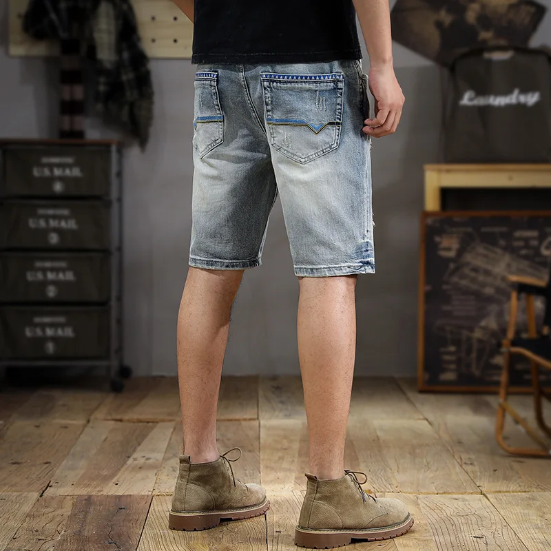 Retro Washed Scrape Men's Jeans Shorts Summer Matte White Slim-Fit Korean Style Ins Fashionable High-End Quality Straight Pants