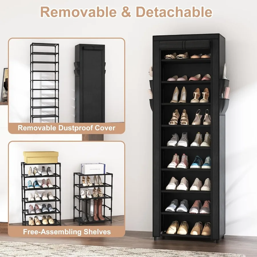 Shoe Rack with Cover Narrow Shoe Organizer with 4 Side Pockets 10 Tier Tall Shoe Storage Holds 1822 Pairs Shoes and Boots Shoe