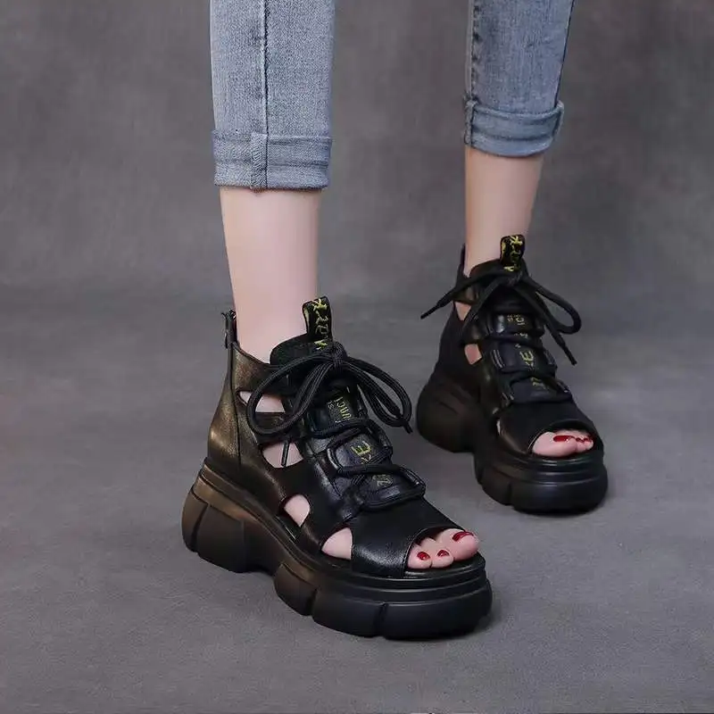 Women Sandals Wedge Sandals Fish Mouth Soft PU Leather And Cowhide Summer Roman Shoes Platform Heighten