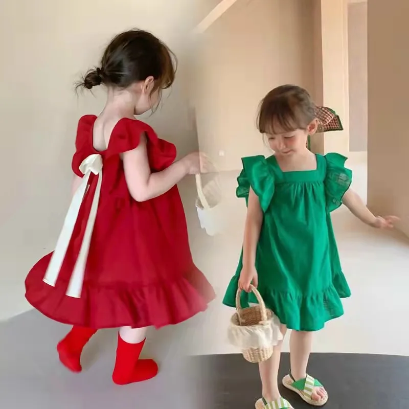 

Mini Children's Stories Dress Cotton Solid Color Short Sleeve Dress Summer Square Neck Bow Knot Children's Dress