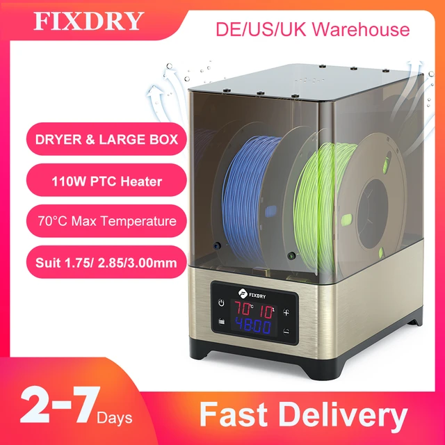 FIXDRY 3D Printer Filament Dryer with Fan, 110W PTC Dehydrator Dryer Box  Heated, Closed-Loop Constant Heating, Temperature Humidity Control, 2 Spool