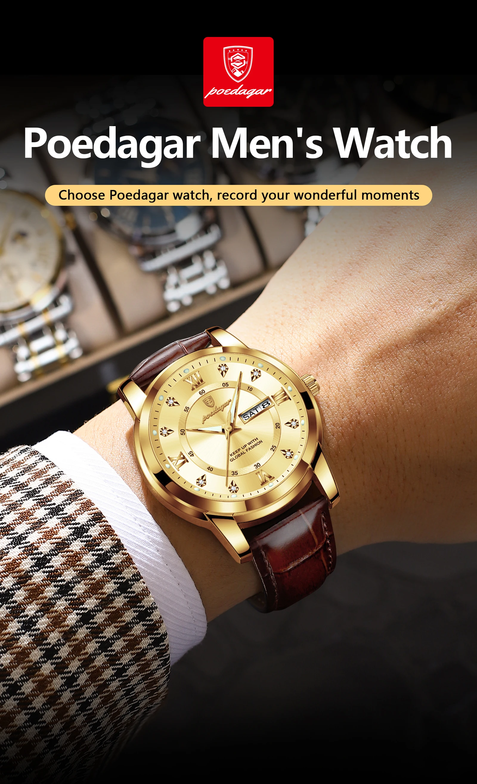 POEDAGAR Luxury Business Male Clock Date Week Waterproof Luminous Gold Men Wristwatch Casual Fashion Quartz Men's Watches Reloj