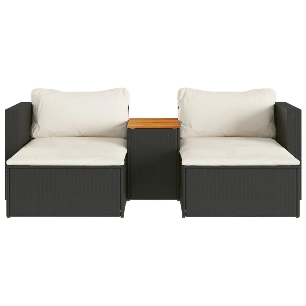 5 Piece Patio Sofa Set with Cushions Black Poly Rattan Acacia,PE Rattan, Powder-coated Steel, Garden Sofa Set 5