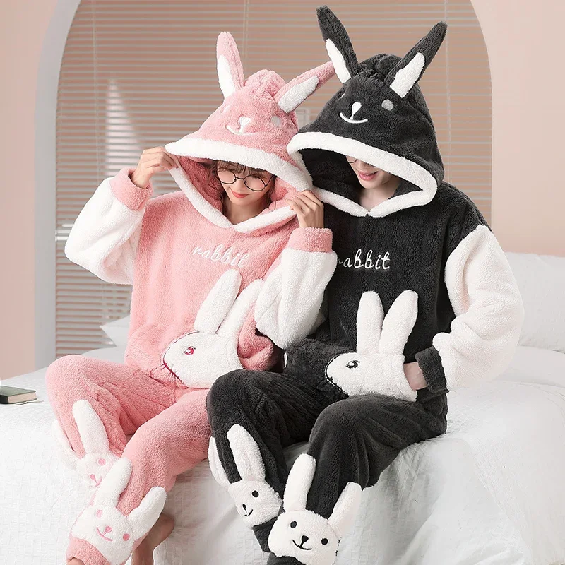 

Kawaii Rabbit Winter Pajama Set Women Men Hooded Sleepwear Cartoon Sweethearts Loungewear Coral velvet Warm Plush Pijama Suits