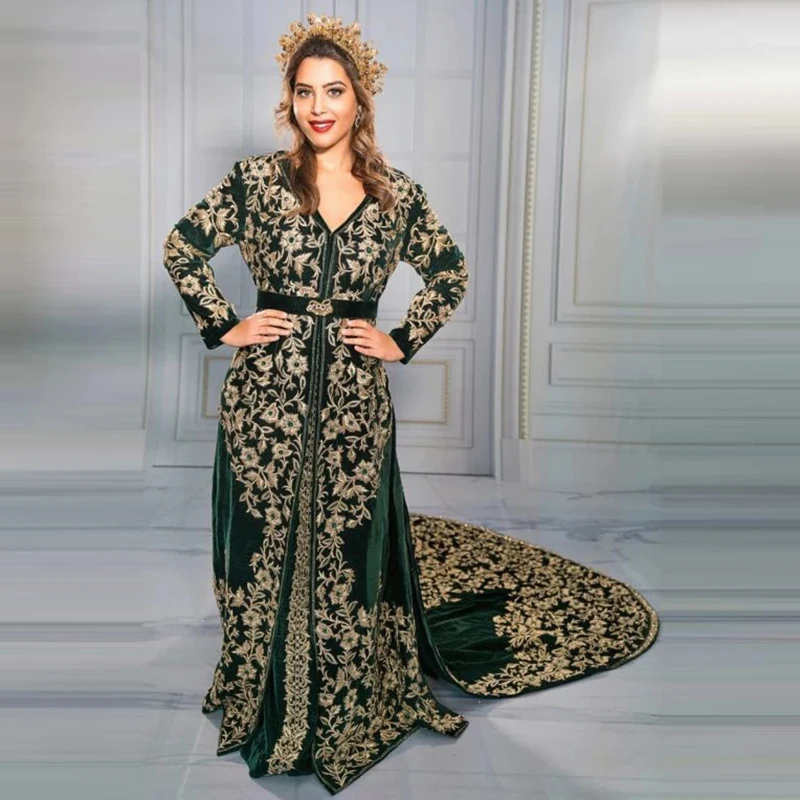 

Green Moroccan Kaftan Muslim Evening Dresses A-line Long Sleeves Velvet Appliques Dubai Arabic Turkey Caftan Abaya Islamic Gown