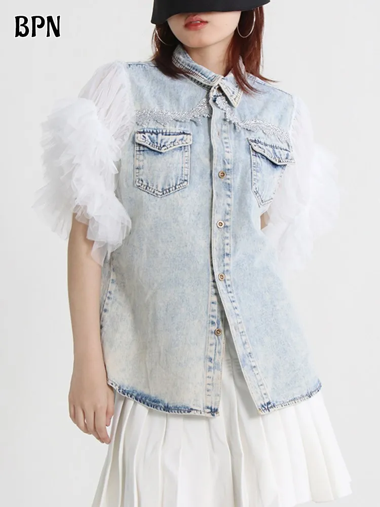 BPN Hit Color Denim Jackets For Women Lapel Butterfly Sleeve Spliced Mesh Single Breasted Summer Slim Coats Female Clothing New