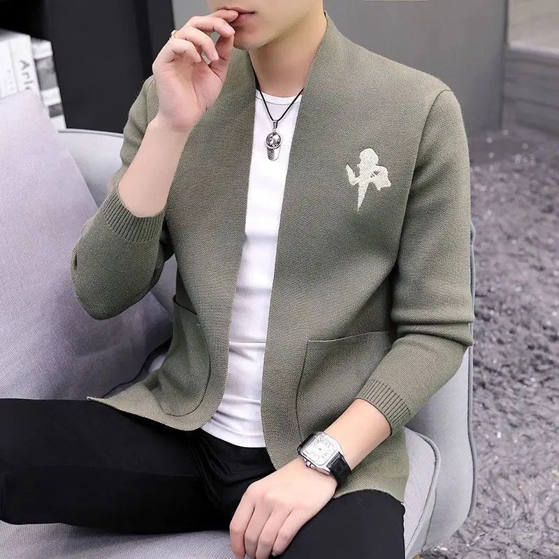 Men Autumn Winter New Fashion Casual Style Stand Collar Cardigan Sweater Plaid Pockets Spliced Leisure Long Sleeve Knitted Coat