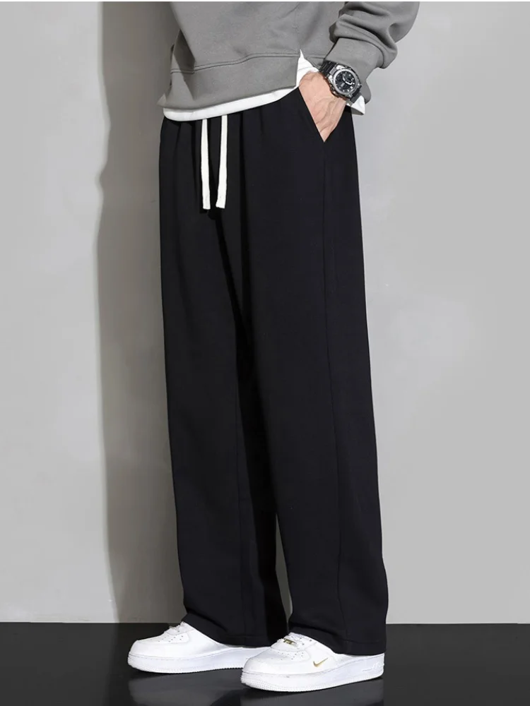 بنطلون واسع الساق للرجال لفصلي الخريف والشتاء، مبطن بالصوف، تصميم مستقيم وفضفاض، بنطلون رياضي كاجوال طويل، بنطلون رياضي أسود
