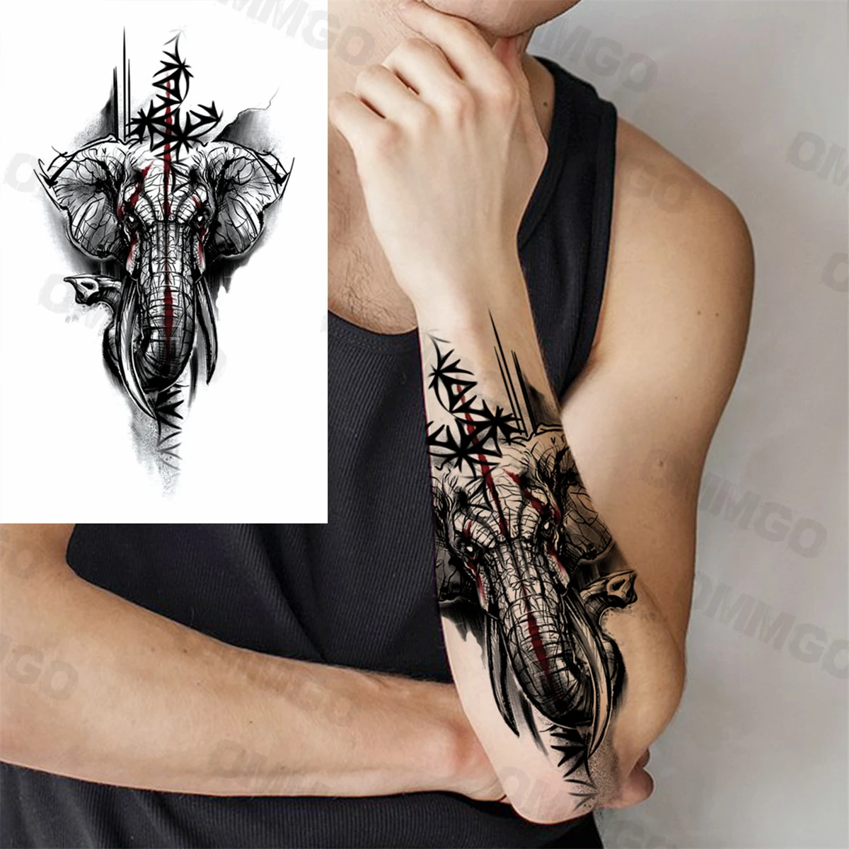

3D Black Elephant Forearm Temporary Tattoos For Men Adult Lion Crown Wolf Compass Fake Tattoo Body Art Decoration Tatoos Sticker