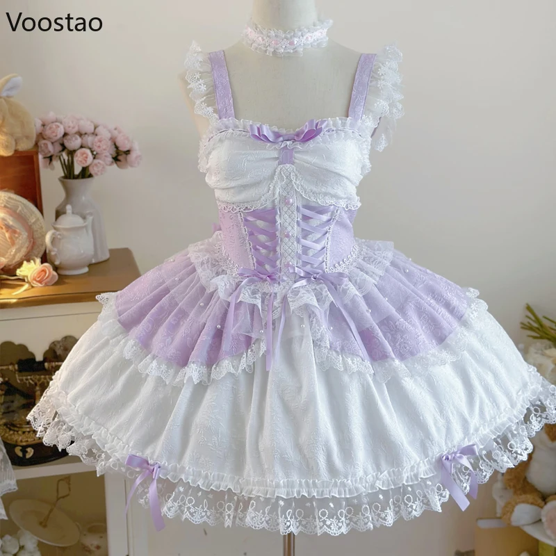 Lolita Dress Women Japanese Sweet Jsk Elegant Ruffles Lace Bandage Princess Strap Girls Y2k Kawaii Tea Party Mini lolita suspender dress lolita dress lolita cosplay costumes