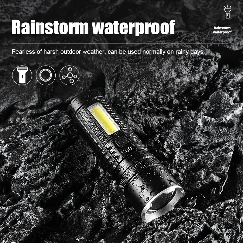 Strong Light Flashlight Multifunctional Digital Display Lantern Outdoor Camping USB Rechargeable Torch Telescopic Zoom Lamp