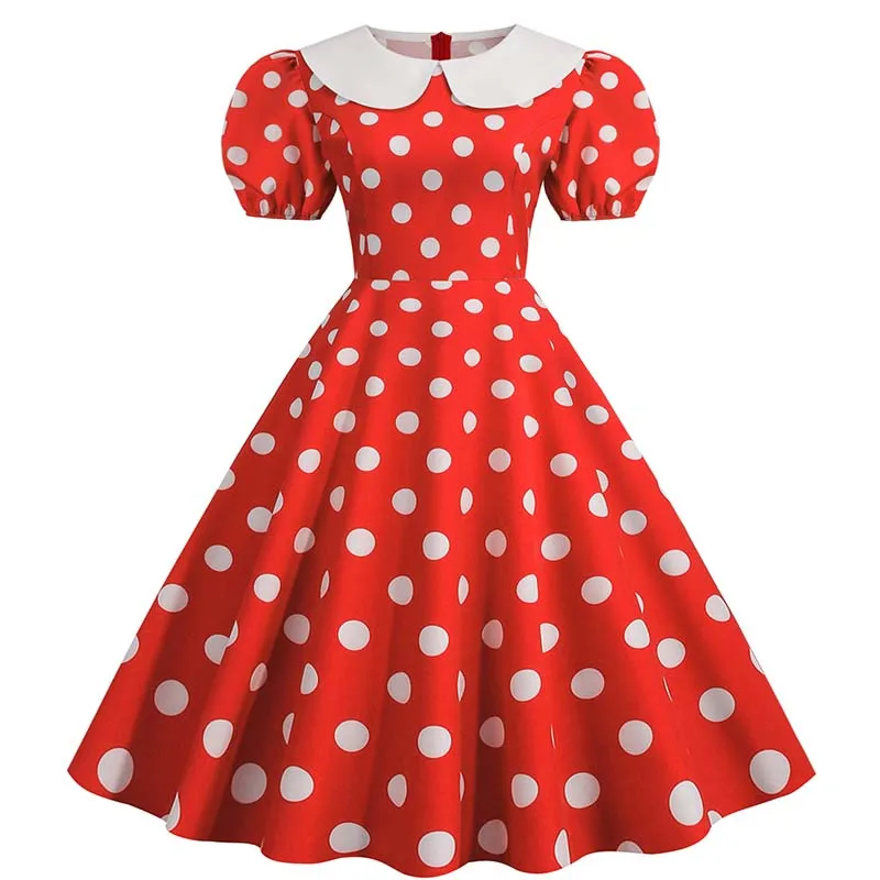 711019-79b710.jpg Elegant Women Summer Dress Puff Short Sleeve Polka Dot Peter pan Collar Vintage A-line Midi Long Party Sundress - Image 1