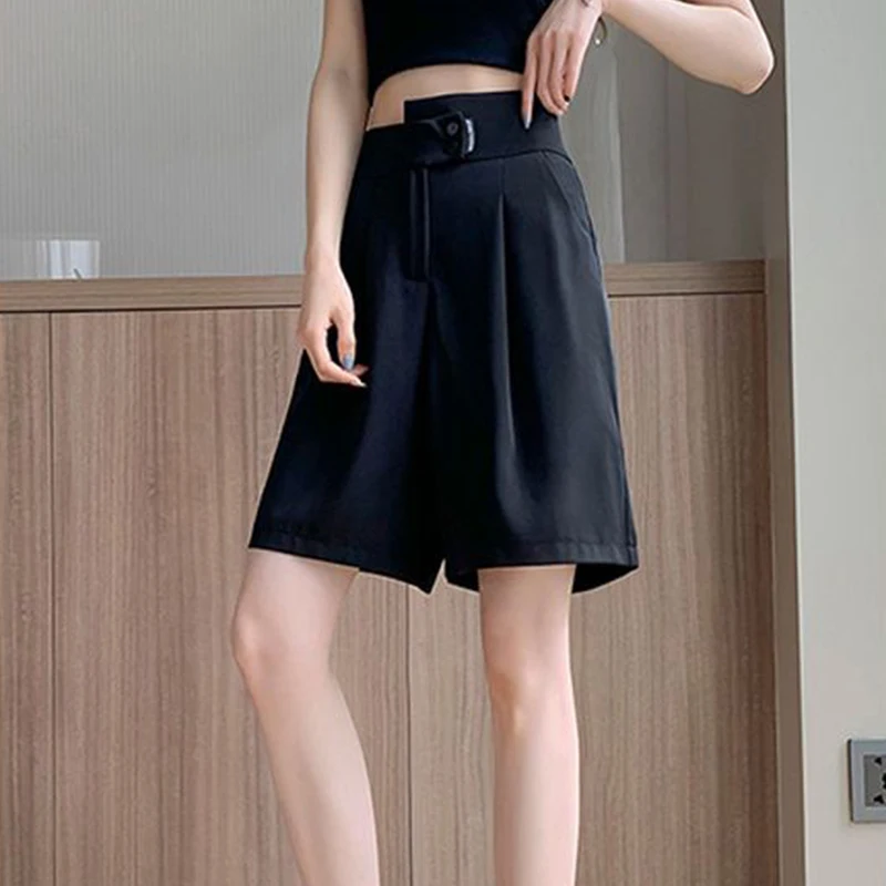 Summer New Korean High Waisted Thin Suit Shorts Women's Solid Zipper Button Pockets Loose Casual Fashion Simple Wide Leg Shorts