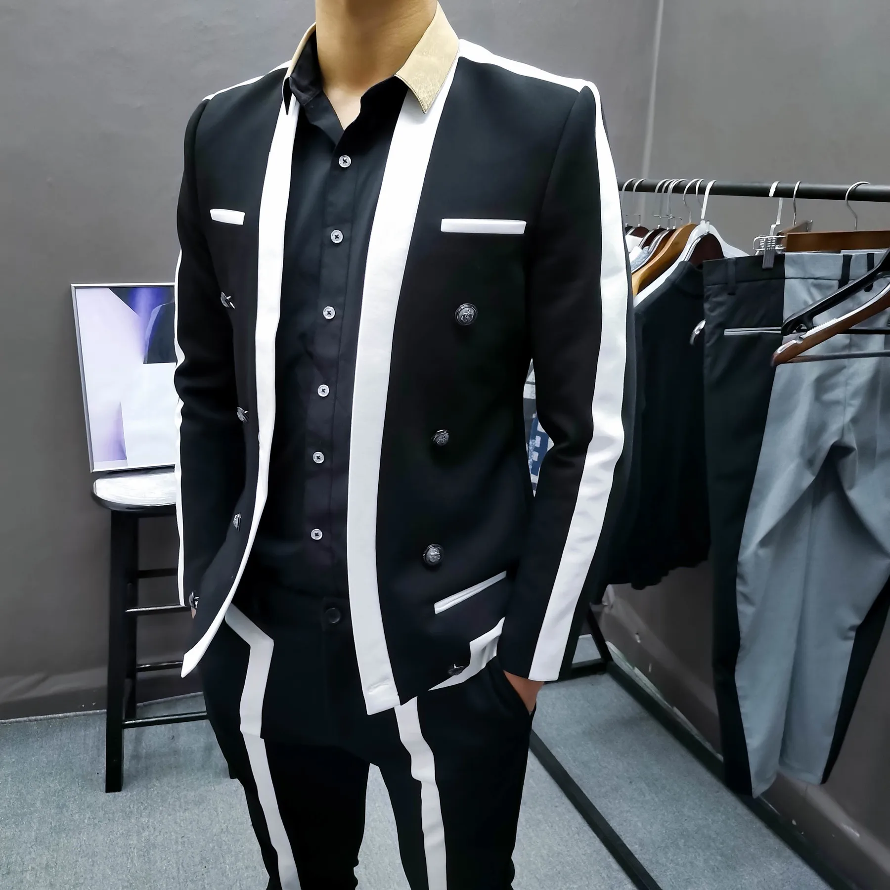 Trajes De Hombre Contrast Stripe Blalck White Suit Male Wedding Groom Suit Spring Disguised Men Slim Stage Outfit Men Party