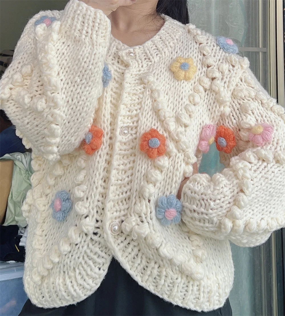 

Autumn and Winter New Three-Dimensional Flower Cardigan Sweater Women's Diamond Single-Breasted Flower Decoration Coat Tide