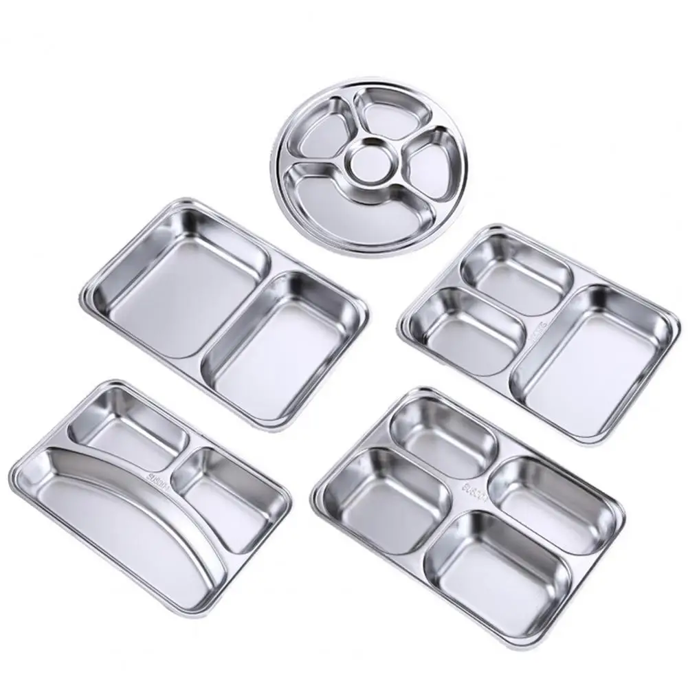 Thickened Stainless Steel Dinner Plate with Lid Dishwasher Safe Large Capacity Dinnerware 2/3/4/5/6 Grids Round Rectangle Servin