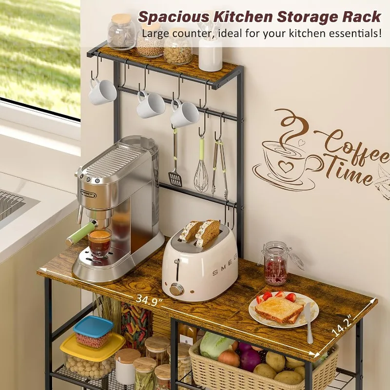 Bakers Rack with Power Outlet, Kitchen Microwave Stand with 10 S-Shaped Hooks, 6-Tier Coffee Bar Station 5
