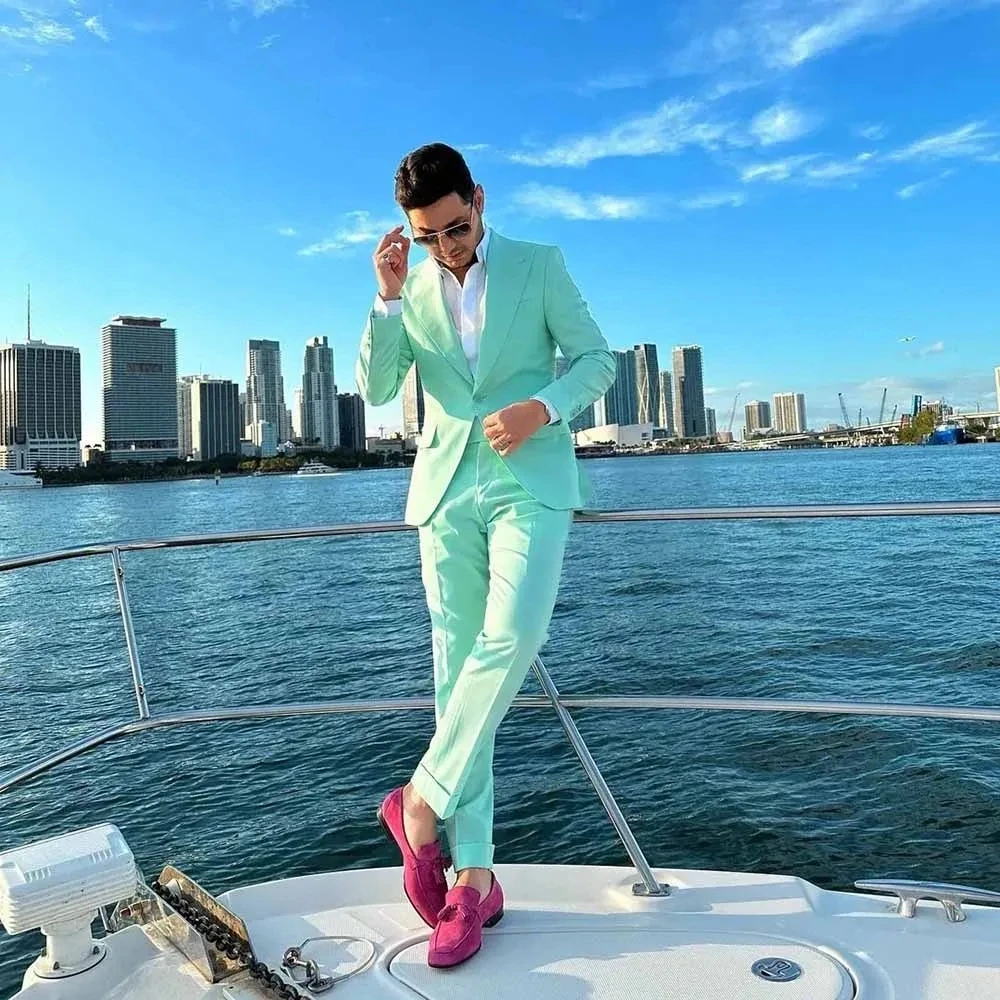 Mint Green Men's Suits 2 Piece Jacket Pants Single Breasted Peaked Lapel Formal Blazer Traveling Wedding Slim Fit Costume Homme