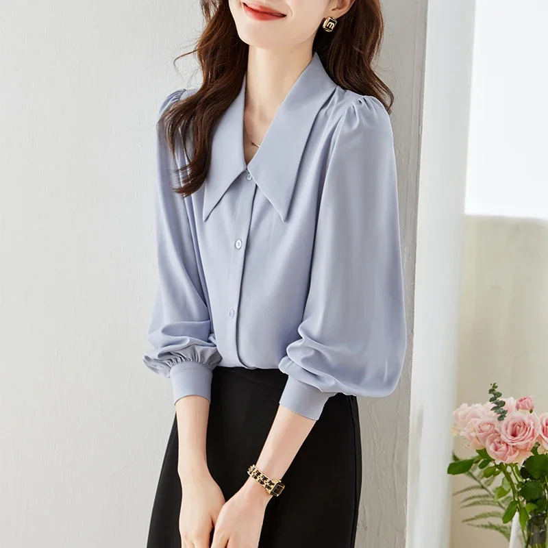 

Шифоновые женские рубашки, однотонные свободные винтажные блузки с отложным воротником, одежда на весну/лето, модные топы с длинным рукавом YCMYUNYAN