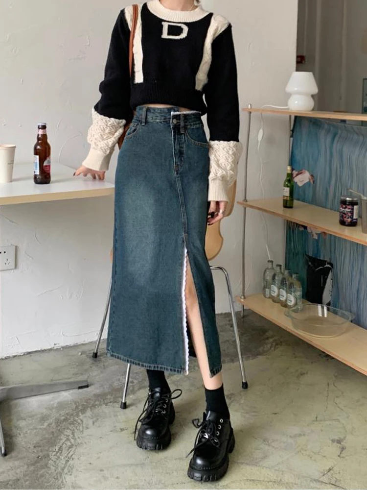 Vintage Washed Jean Skirts Women Korean Fashion High Waist Loose Slit Straight Long Skirt Female Summer New