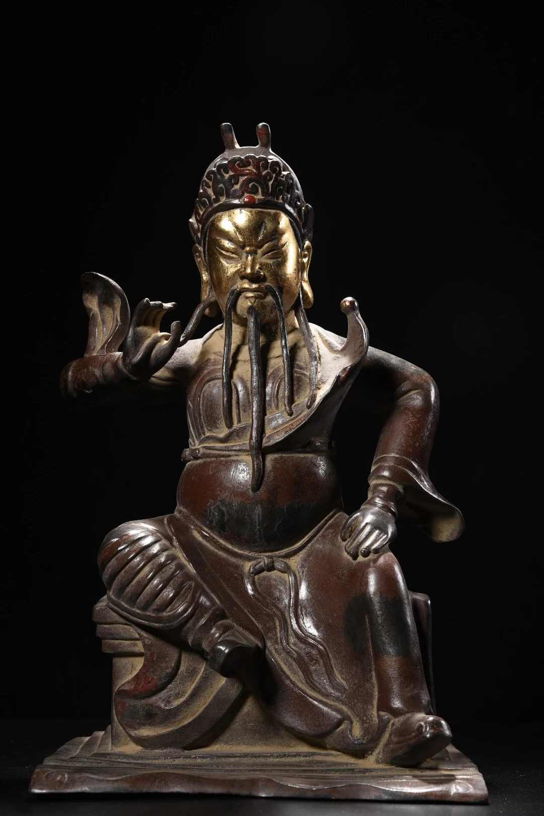 

17"Tibetan Temple Collection Old Bronze Gilded Cinnabar Guan Yu Guan Gong Wealth God Sitting Buddha Amass wealth Worship Hall