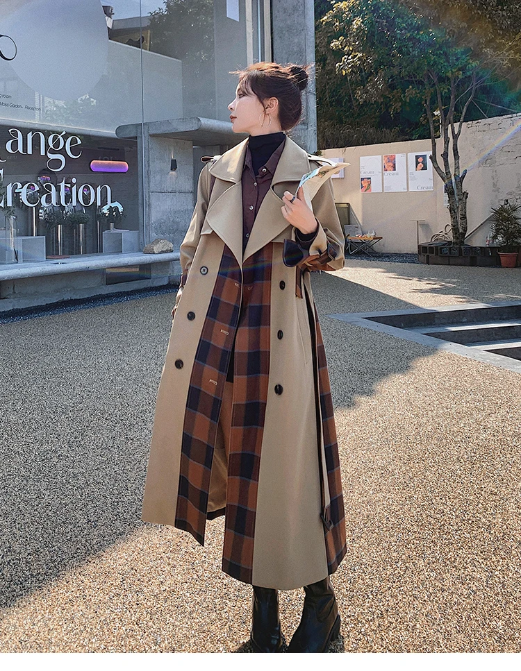 Brand New Double-Breasted Long Trench Coat For Women Windbreaker Lady Duster Coat Patchwork Outerwear Spring Autumn Female maxi puffer coat