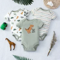 3PCS Summer Baby Bodysuit Three piece Set with Cartoon Dinosaur Pattern and Stripe Pattern Button Design for 0-9 Months Old Boys 6