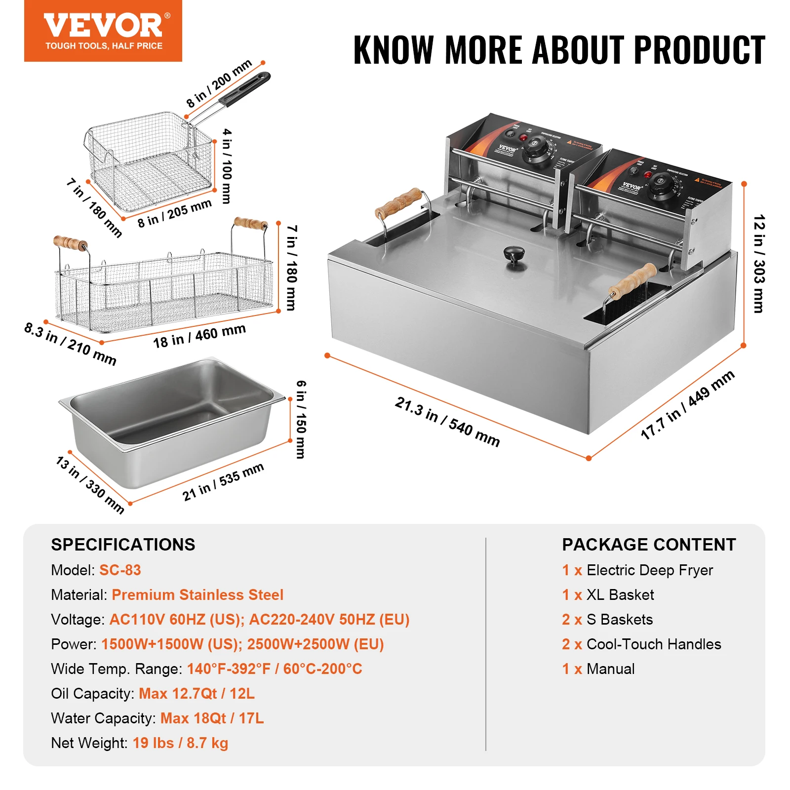 VEVOR Commercial Deep Fryer 3000W Electric Turkey Fryer Large Capacity 18Qt / 17L Stainless Steel Countertop Single Oil Fryer