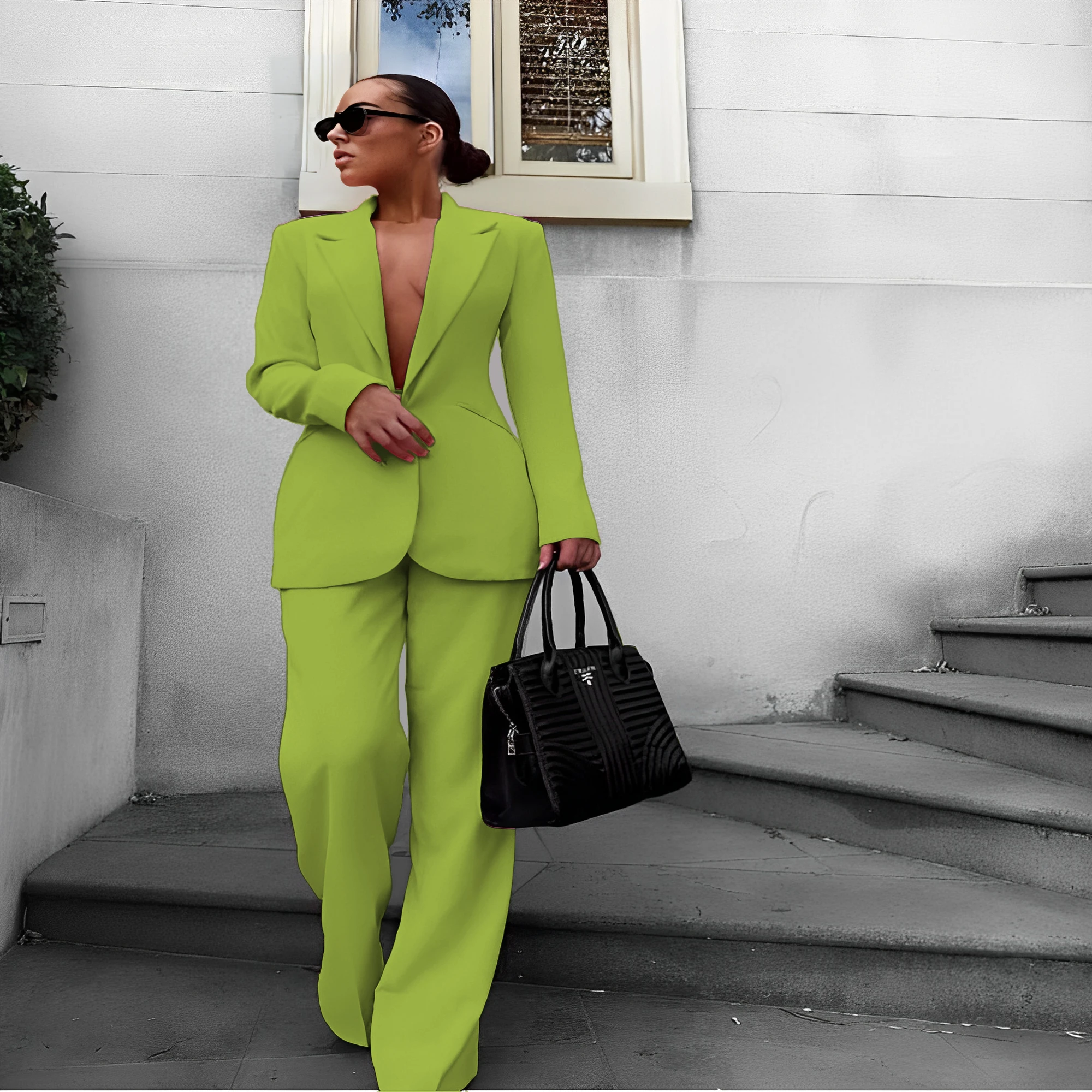 Women's Pink Suit 2 Piece Single Breasted Peak Collar Fashion Casual Jacket Jacket and Wide Leg Pants Custom Set