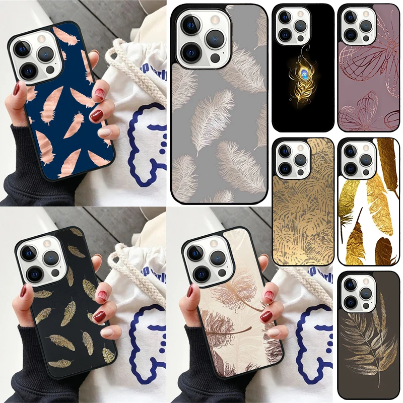 Feather Gold Foil Art Cover Per Iphone 13 14 15 Pro Max 12 Mini 11 15 Pro Max 6 7 8 Plus X Xr Xs Max Se 2020 Custodia Per Telefono