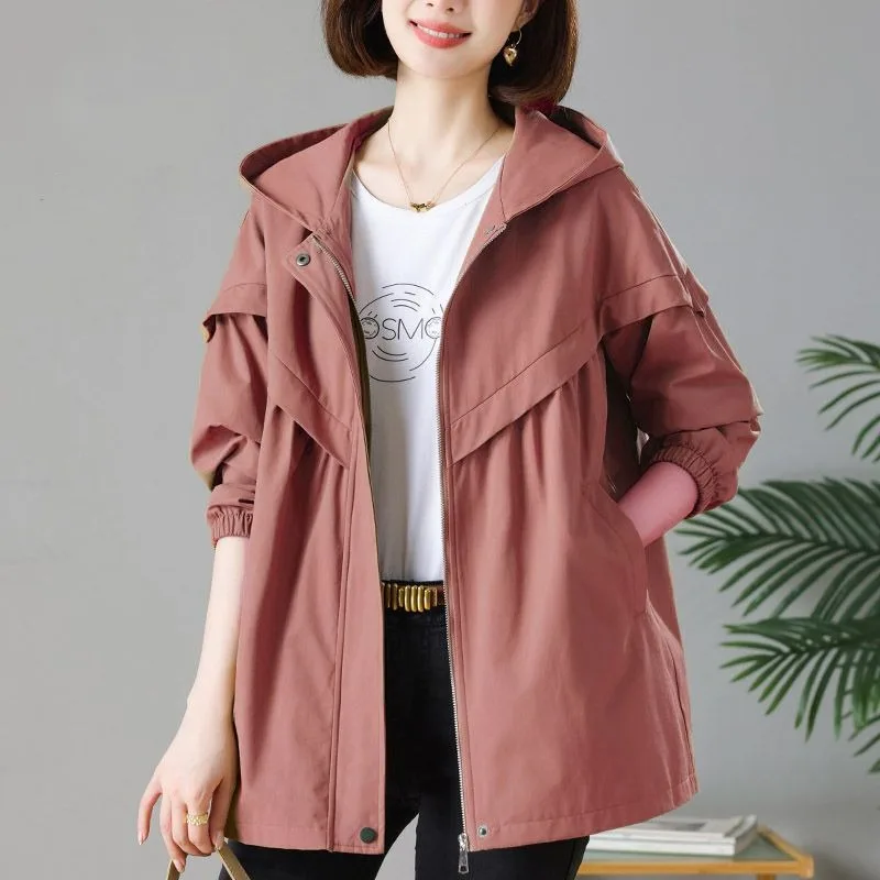 Women Spring and Autumn Fashion New Hooded Windbreaker Solid Color Zipper Pockets Splicing Lax Leisure Versatile Mid-length Coat